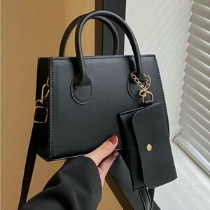 Elegant Black Leather Handbag with Matching Coin Pouch
